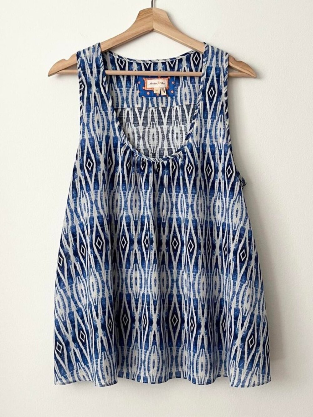 Meadow Rue Women's Sheer Layered Tank Top Size L Blue Ikat Print A-Line Comfy
